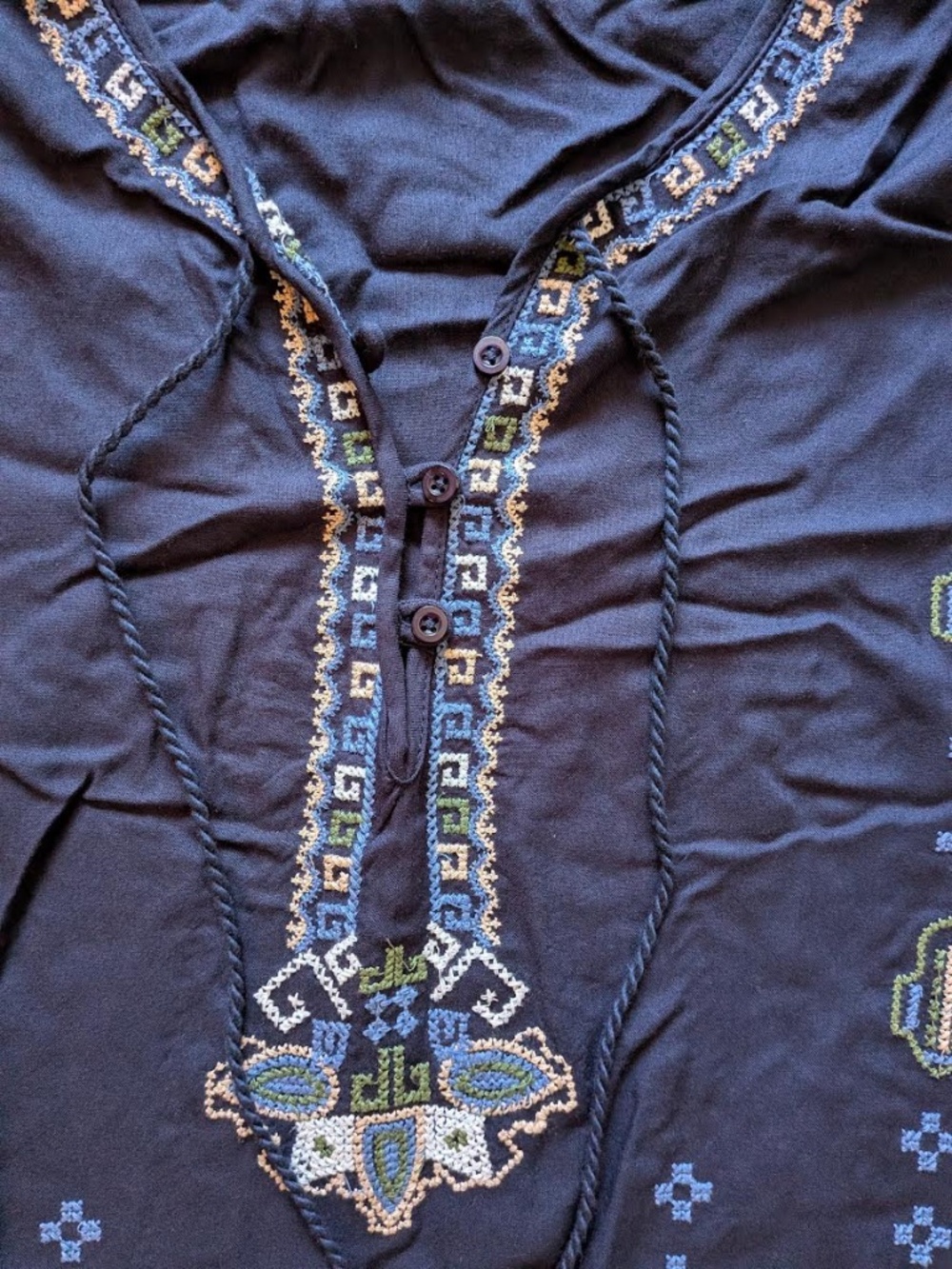 Raj Womens Navy Blue Embroidered Boho Tunic Dress Long Sleeve Tassel Size Large - Picture 5 of 7